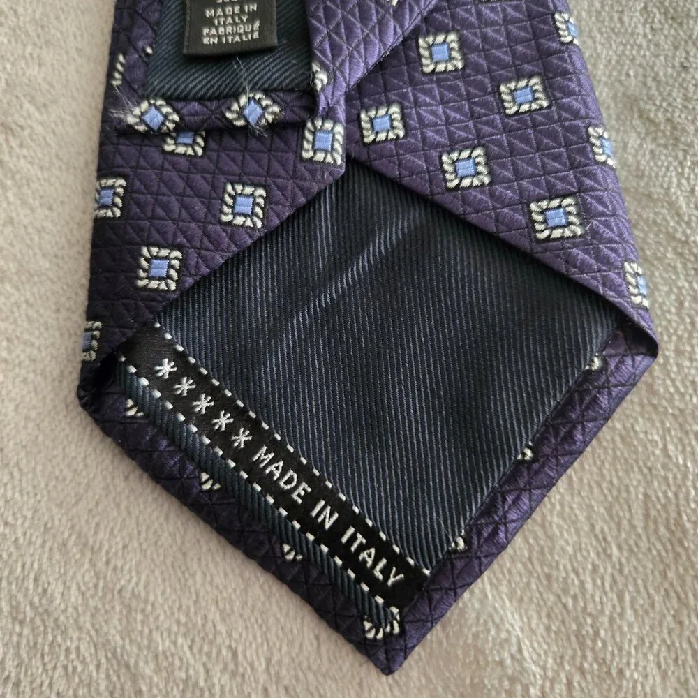 ERMENEGILDO ZEGNA Navy light Blue TEXTURED geometric Woven Silk Tie Italy
